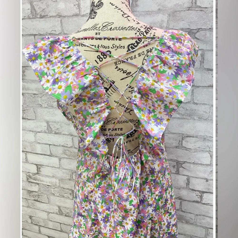 Retro Pink Summer Daisy Print Sundress-Ruffle Straps Babydoll Dress NWT L #2342
